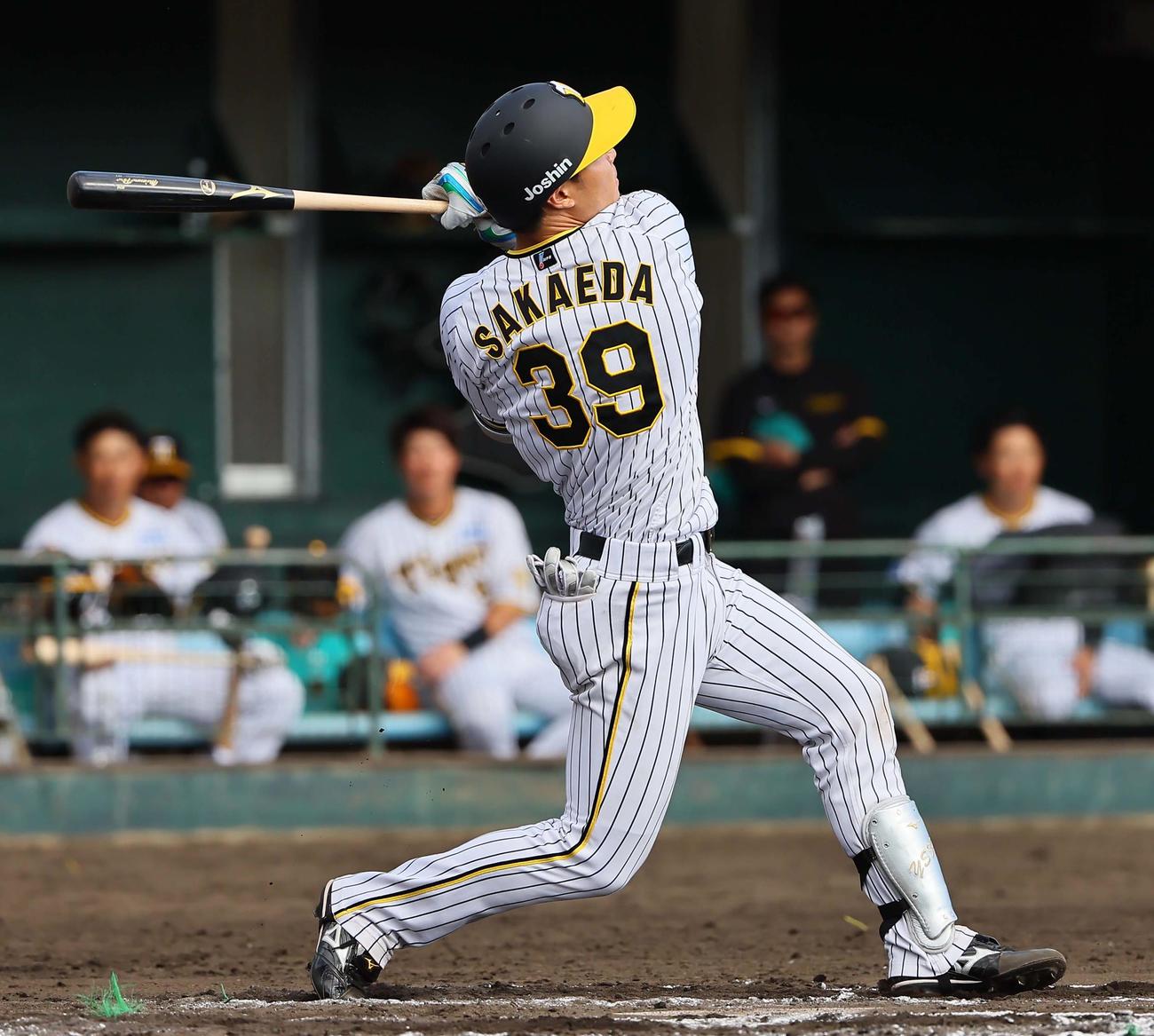 阪神対楽天　6回裏阪神1死一塁、中飛に倒れる栄枝（撮影・上田博志）