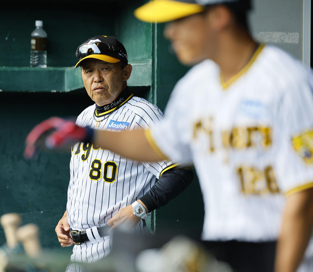 練習試合　阪神対楽天　7回裏阪神無死一塁、代走に福島（手前）を送る岡田監督（撮影・藤尾明華）