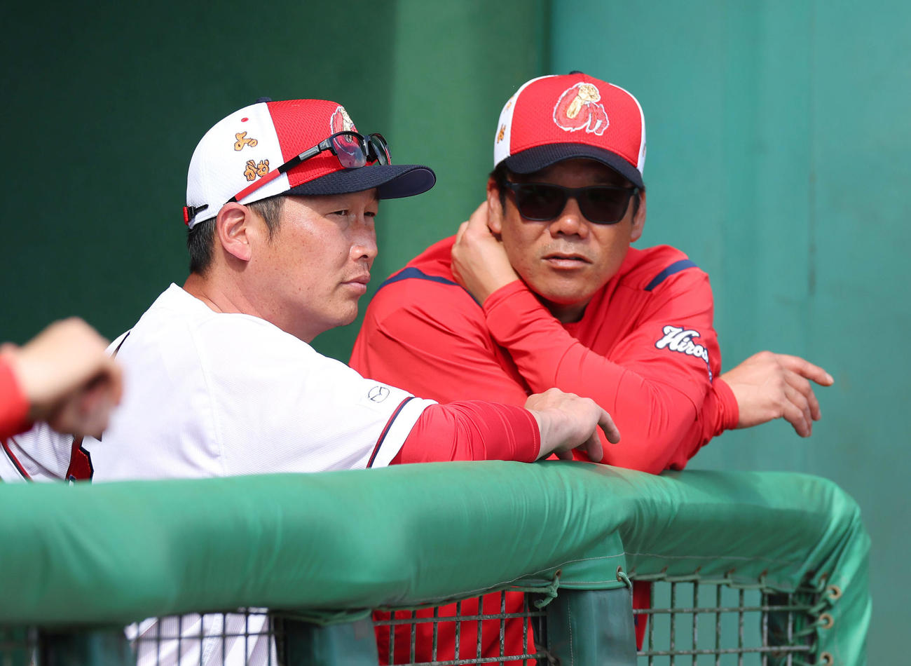 広島対阪神　5回裏、試合を見守る広島新井監督（左）と藤井ヘッドコーチ（撮影・前田充）