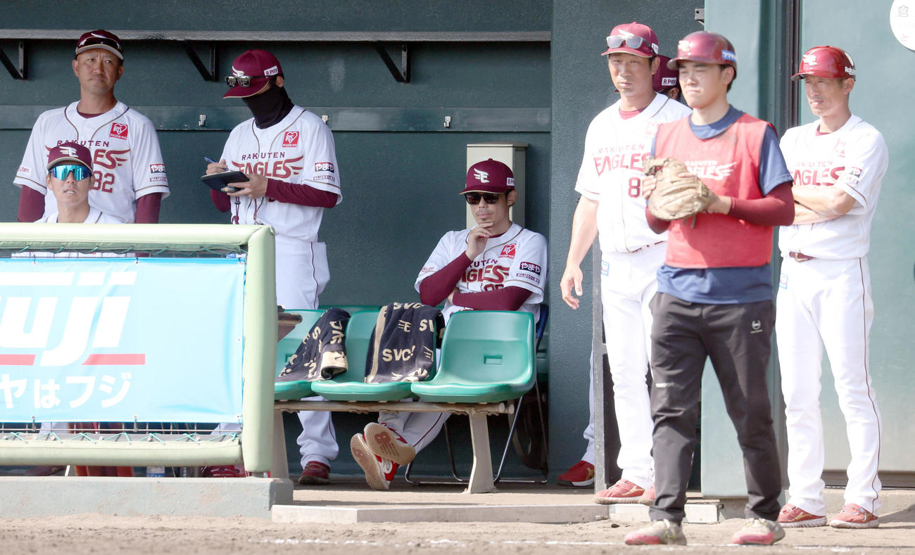楽天対日本ハム　グラウンドを見つめる楽天今江監督（中央）（撮影・佐藤翔太）
