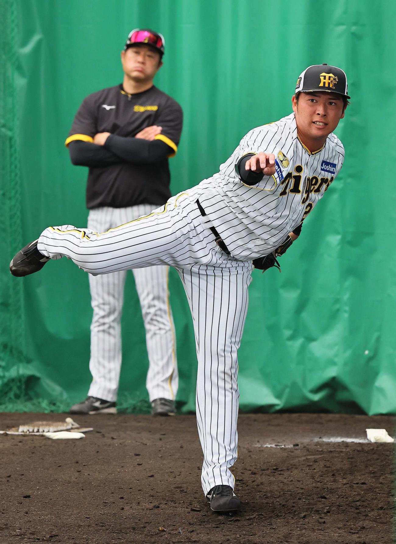 ブルペンで投球練習をする椎葉剛（撮影・上田博志）