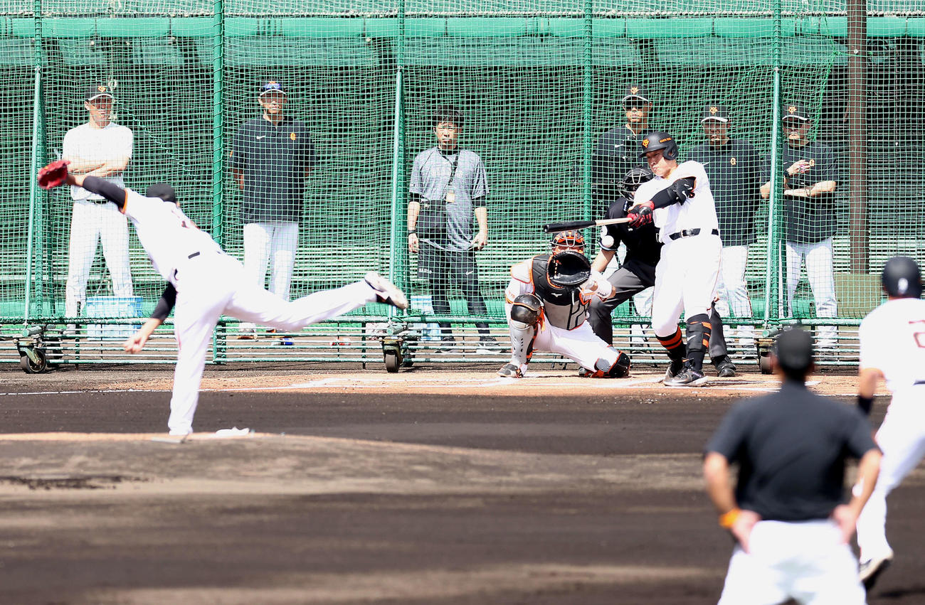 シート打撃で菅野から内野安打を放つ巨人岡本和（撮影・河田真司）