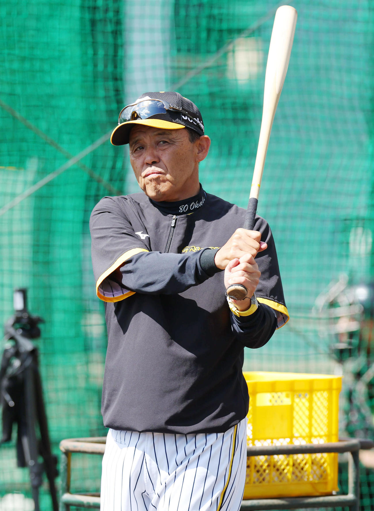 ノックバットで素振りする阪神岡田監督（撮影・前田充）