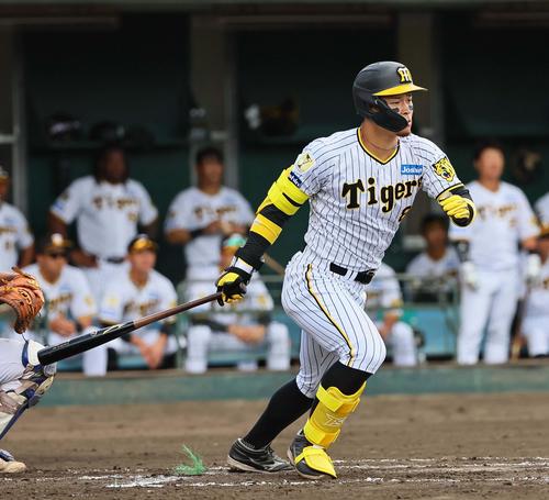阪神対サムスン　2回裏阪神無死、佐藤輝は右前打を放つ（撮影・上田博志）