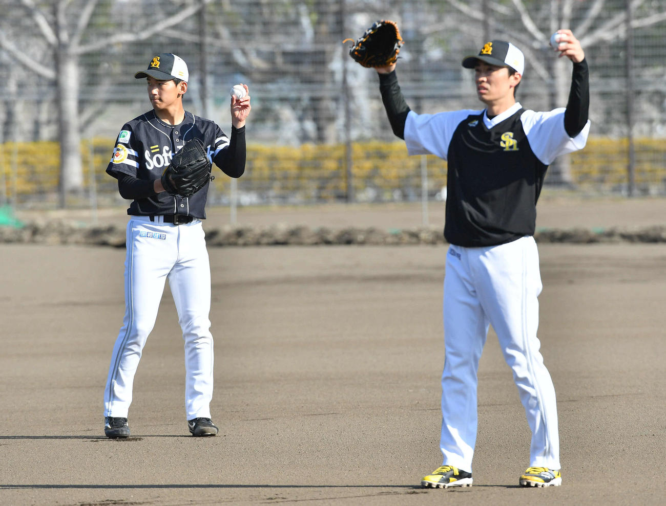 和田（右）の隣でキャッチボールを行うソフトバンク前田悠（撮影・岩下翔太）