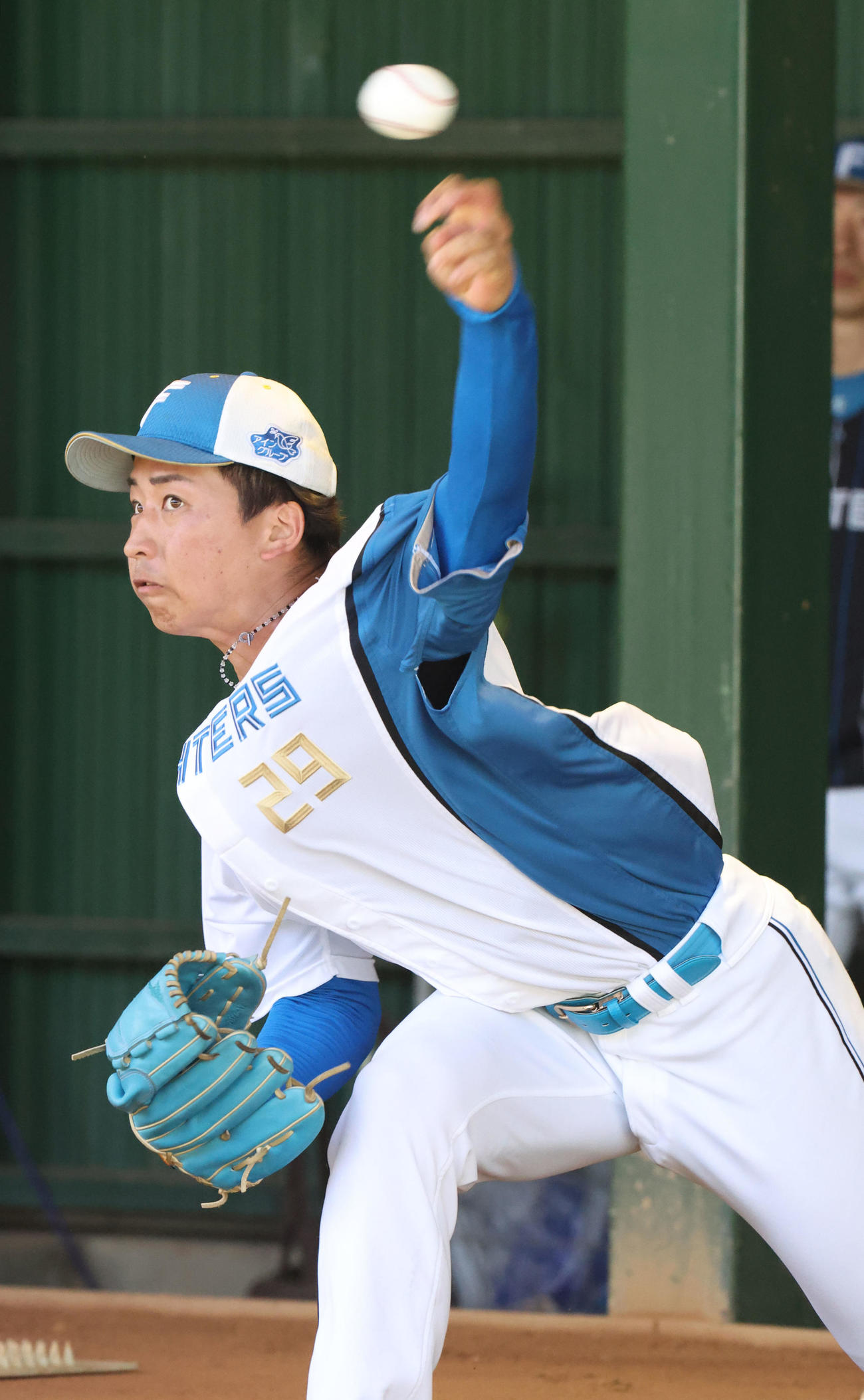 ブルペンで投球する日本ハム細野（撮影・佐藤翔太）