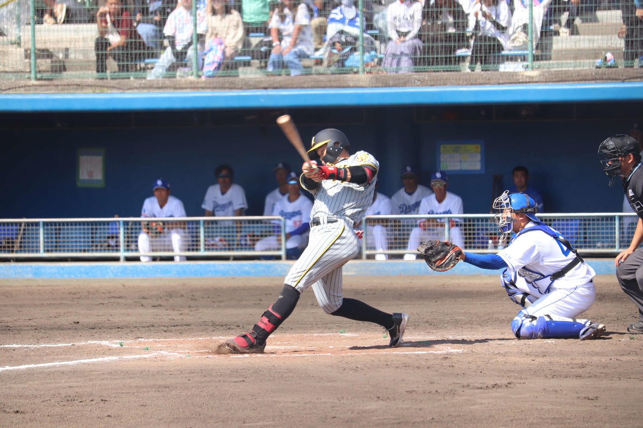 2軍練習試合・中日戦で左翼への本塁打を放った阪神野口恭佑外野手