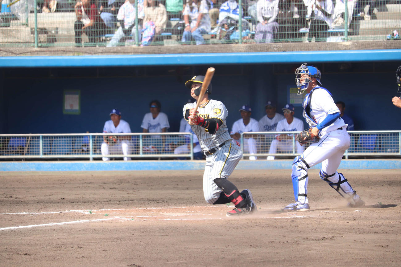 2軍練習試合・中日戦で左翼への本塁打を放った阪神野口恭佑外野手