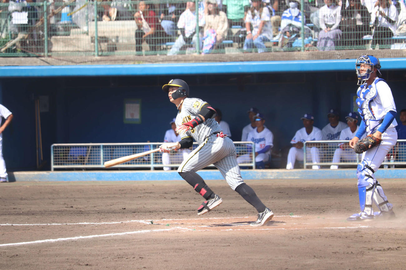 2軍練習試合・中日戦で左翼への本塁打を放った阪神野口恭佑外野手