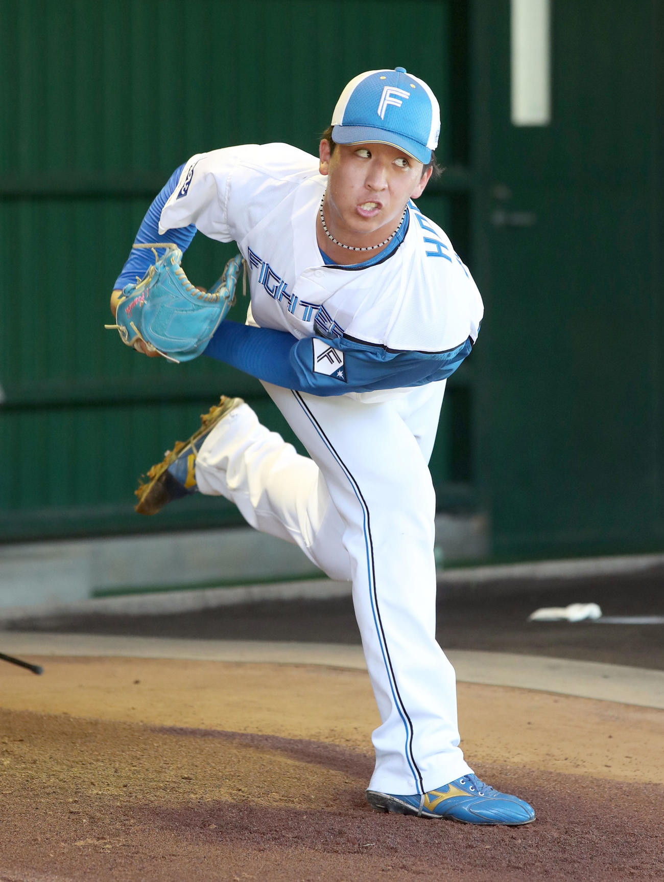 ブルペンで投球する日本ハム細野（撮影・佐藤翔太）