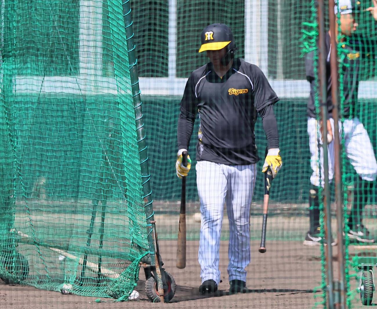 種類の違うバットを2本持ってケージに入る森下（撮影・上田博志）