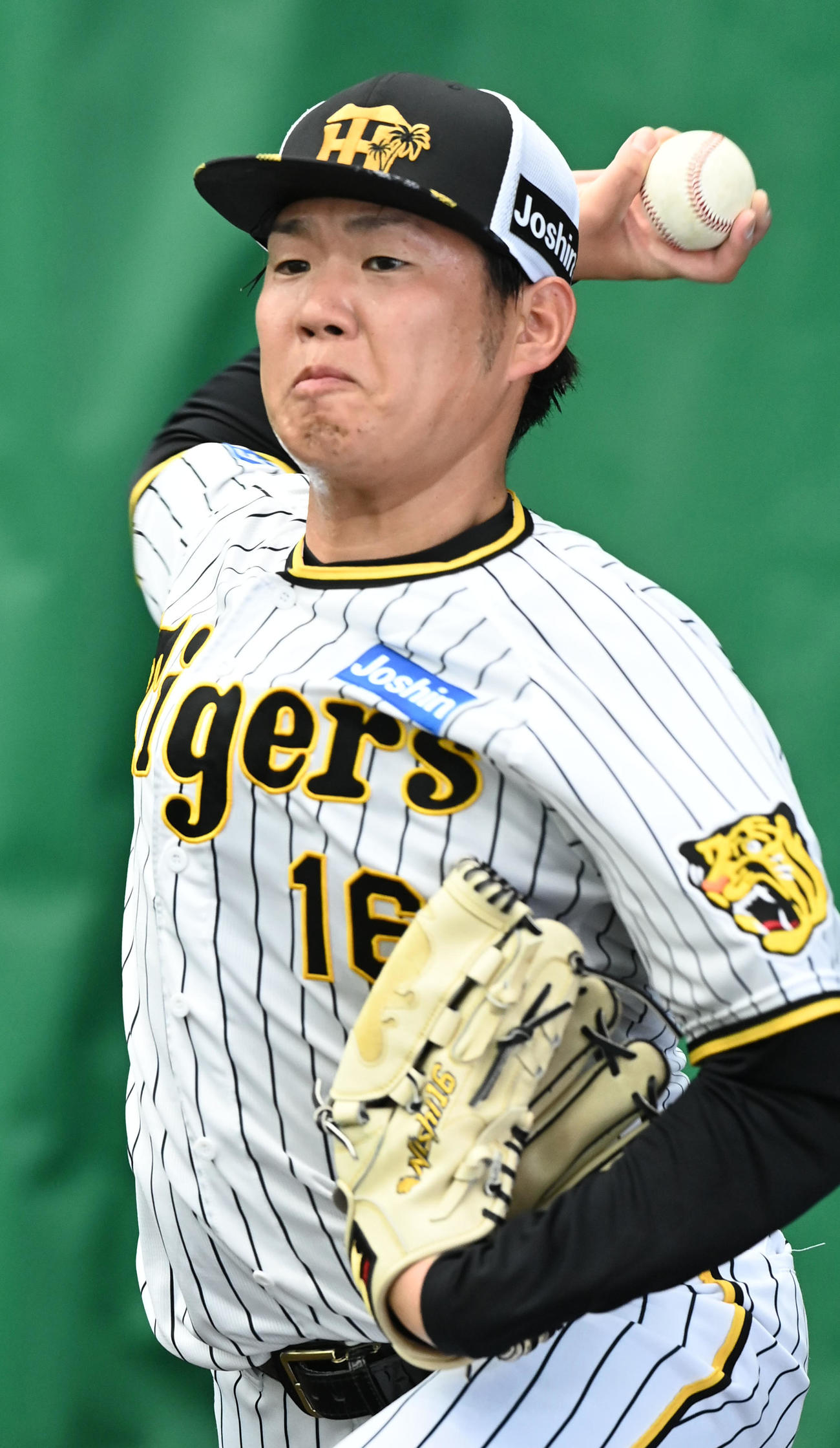 ブルペンで投球練習を行う阪神西勇（撮影・前岡正明）