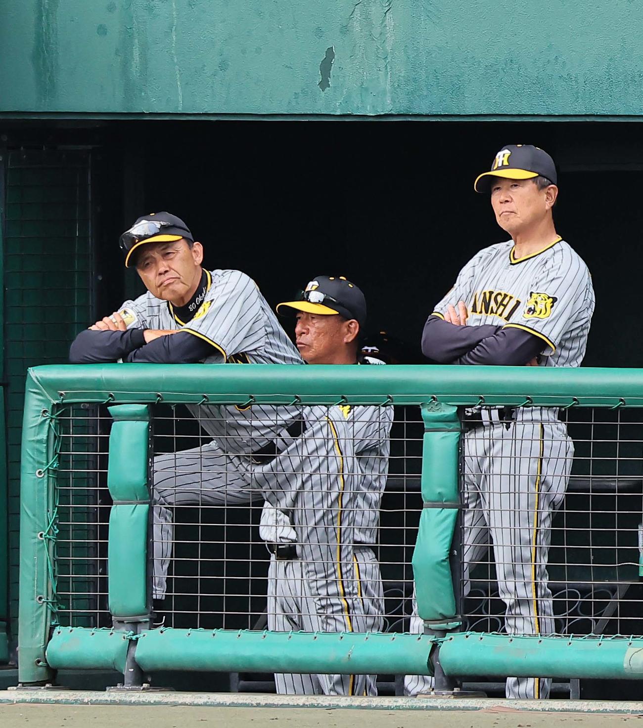 巨人対阪神　ベンチで厳しい表情を見せる岡田監督（左）と平田ヘッドコーチ（撮影・上田博志）