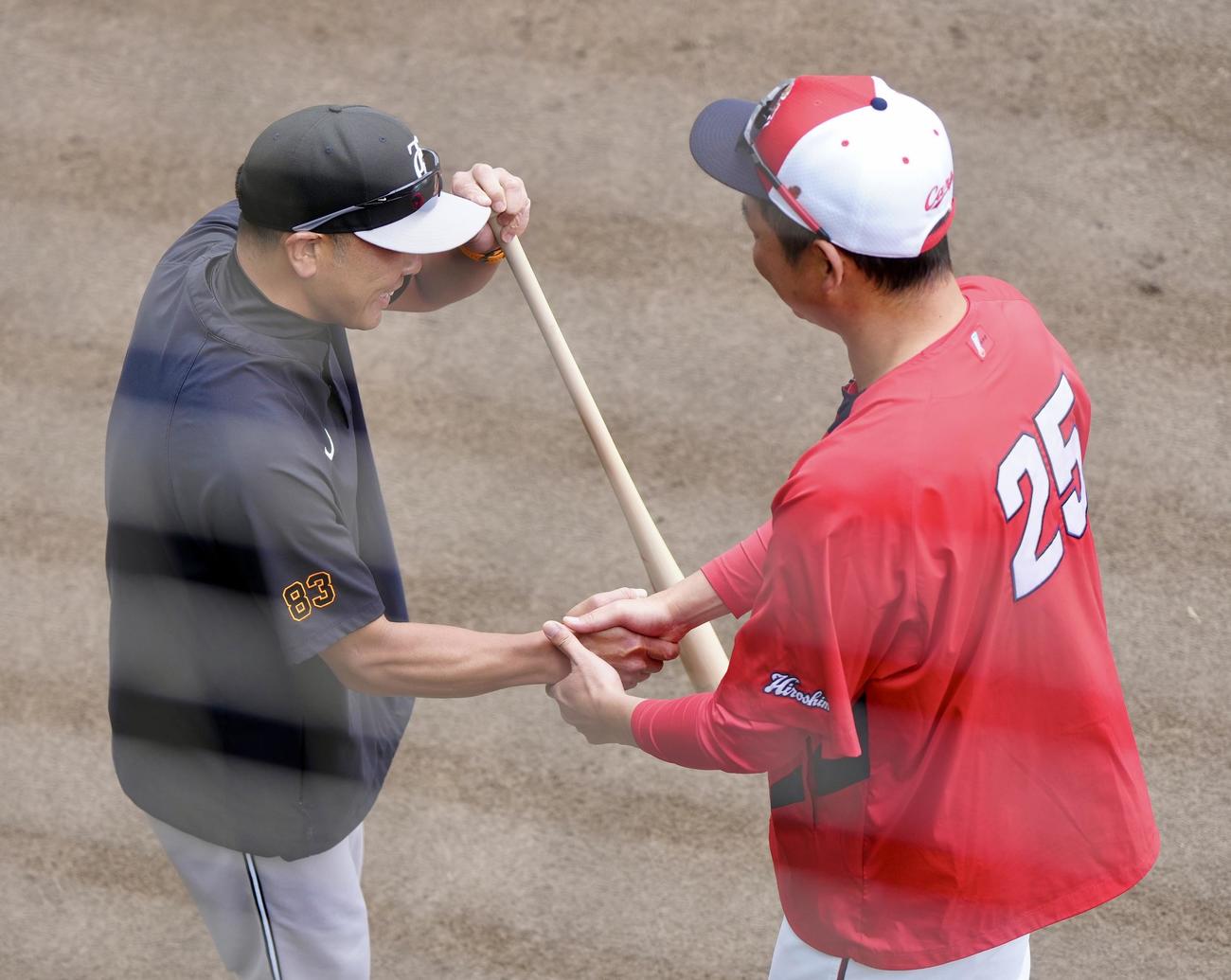 広島対巨人　試合前、握手を交わす広島新井監督（右）と巨人阿部監督（撮影・江口和貴）