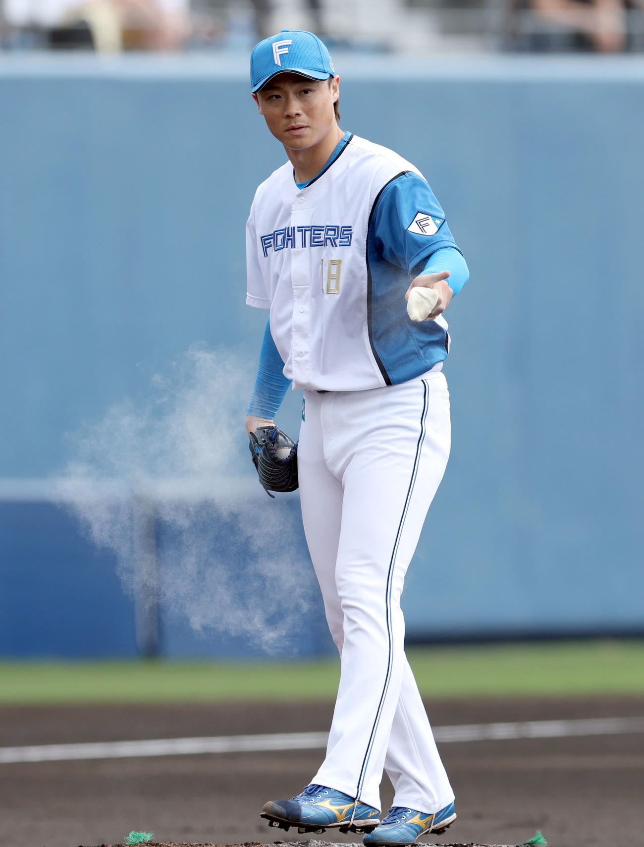 日本ハム対DeNA 2回表DeNA1死、大田を二飛に仕留めナインを指さす山崎（撮影・佐藤翔太）
