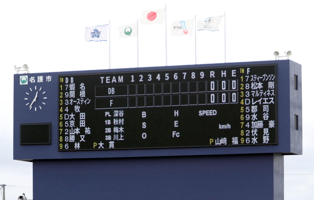 日本ハム対DeNA　両チームのスタメンが表示される大型ビジョン（撮影・佐藤翔太）