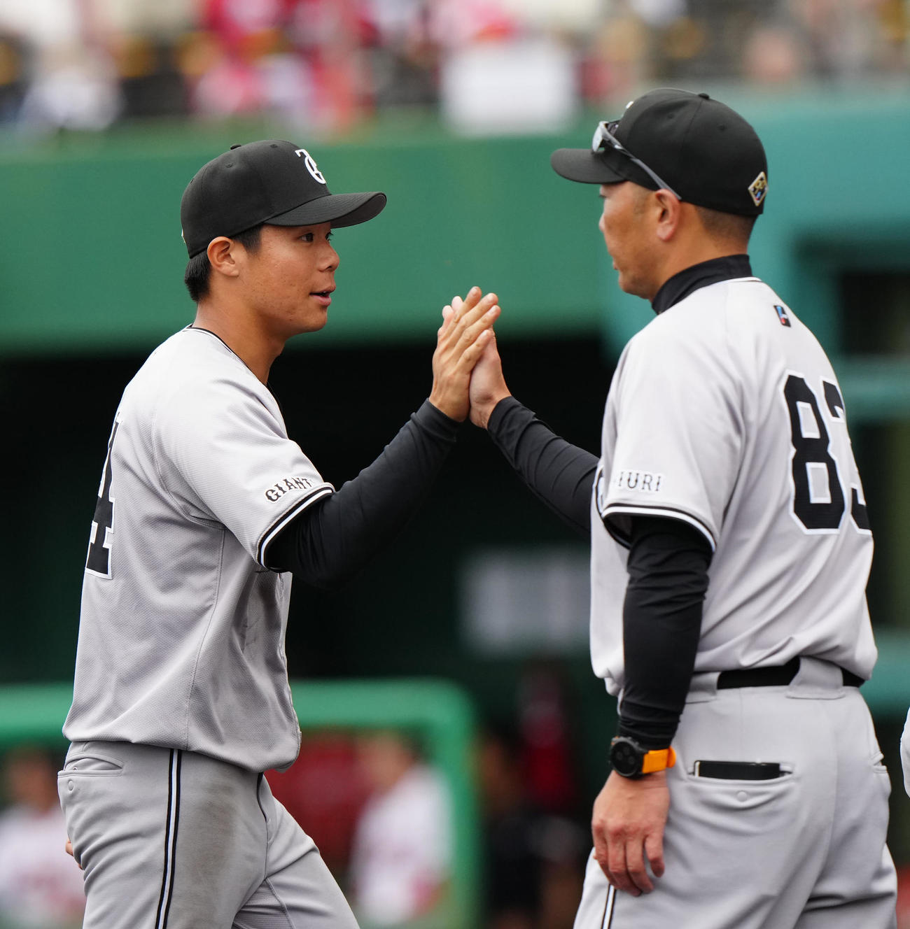 広島対巨人　試合後、巨人阿部監督（右）とタッチを交わす佐々木（撮影・江口和貴）