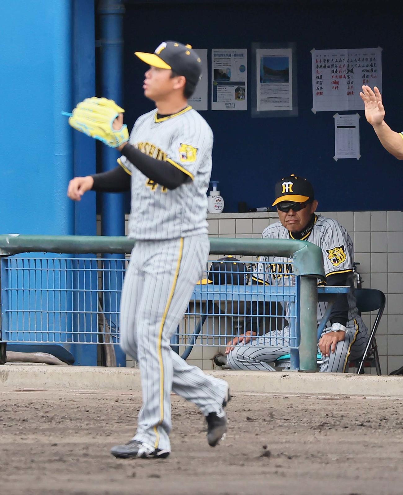 ヤクルト対阪神　3回のマウンドに向かう村上（左）をベンチから見つめる岡田監督（撮影・上田博志）