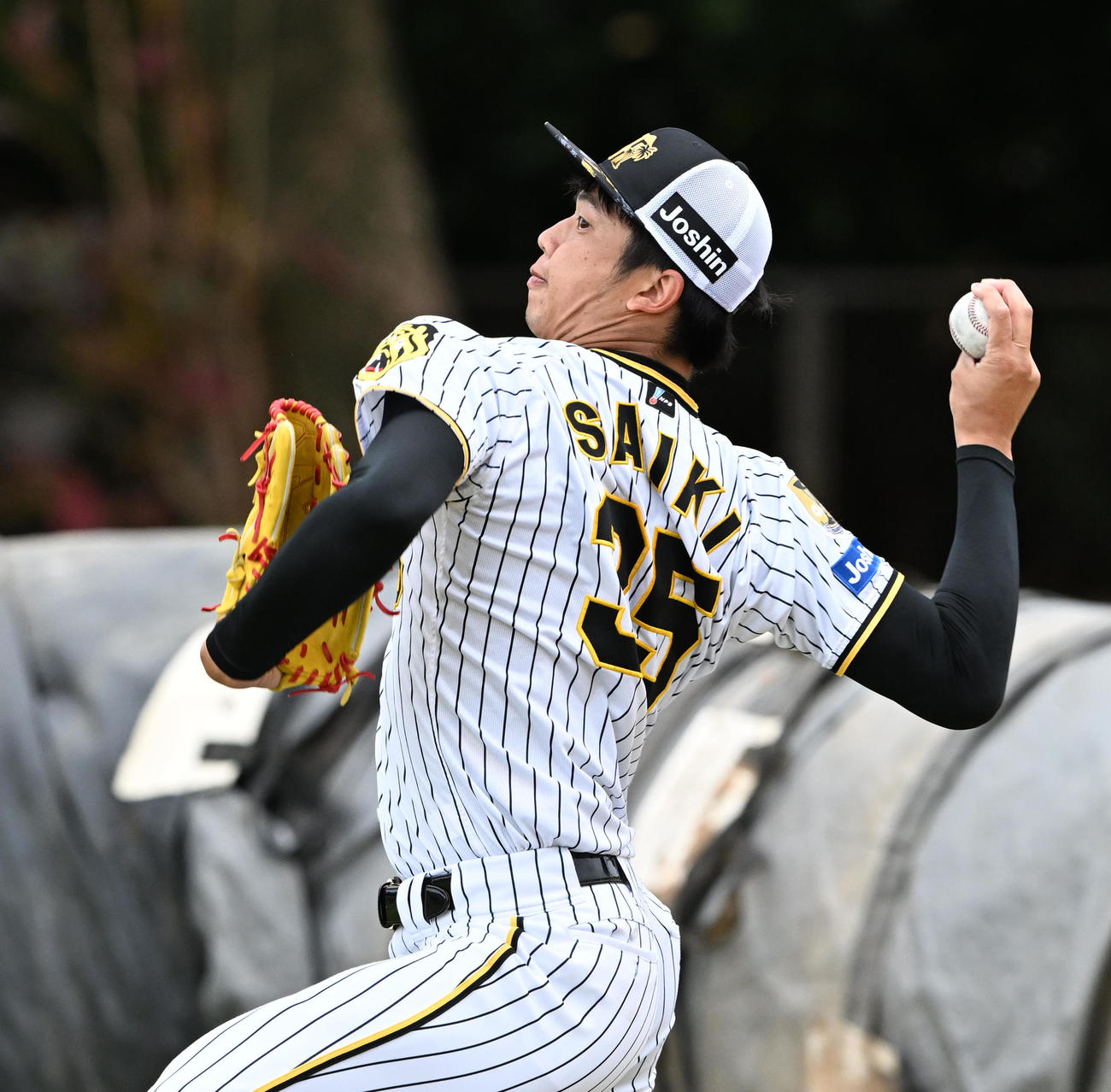 キャッチボールを行う阪神才木（撮影・前岡正明）