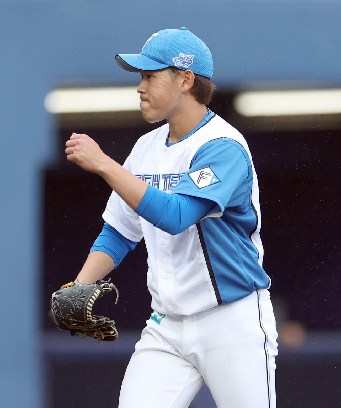 日本ハム対広島　8回表を無失点に抑えグラブをたたく日本ハム根本（撮影・佐藤翔太）