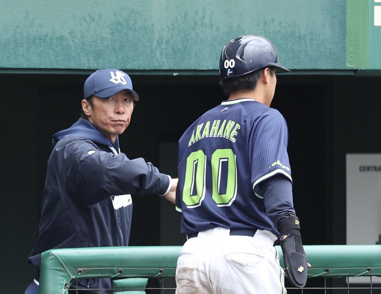 巨人対ヤクルト　5回表ヤクルト1死一、ニ塁、増田の右前先制適時打で生還する赤羽（右）を迎える高津監督（撮影・河田真司）