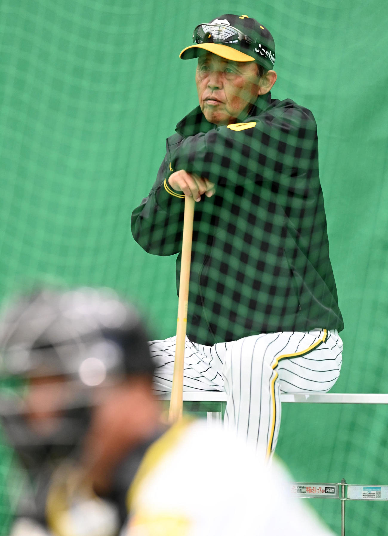 ブルペンで投球練習を見守る阪神岡田監督（撮影・前岡正明）
