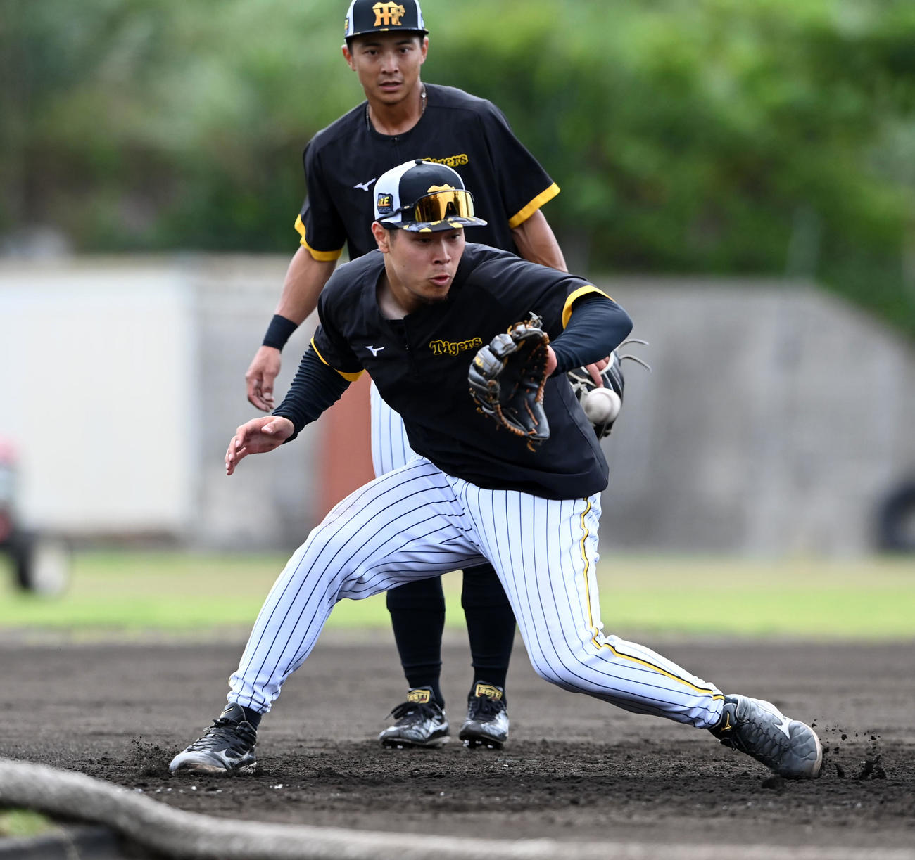 特守で軽快な動きを見せる阪神佐藤輝。後方は熊谷（撮影・前岡正明）