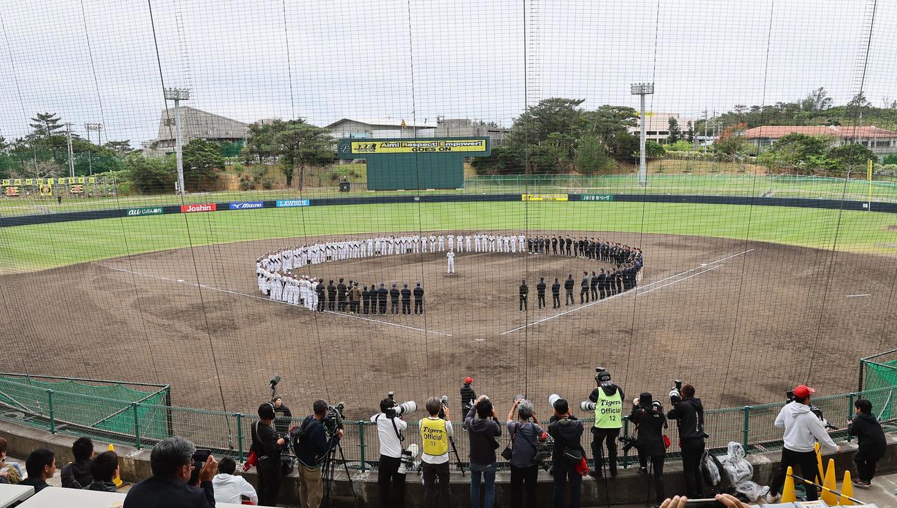 一本締めで春季キャンプを終えた阪神ナイン（撮影・上田博志）