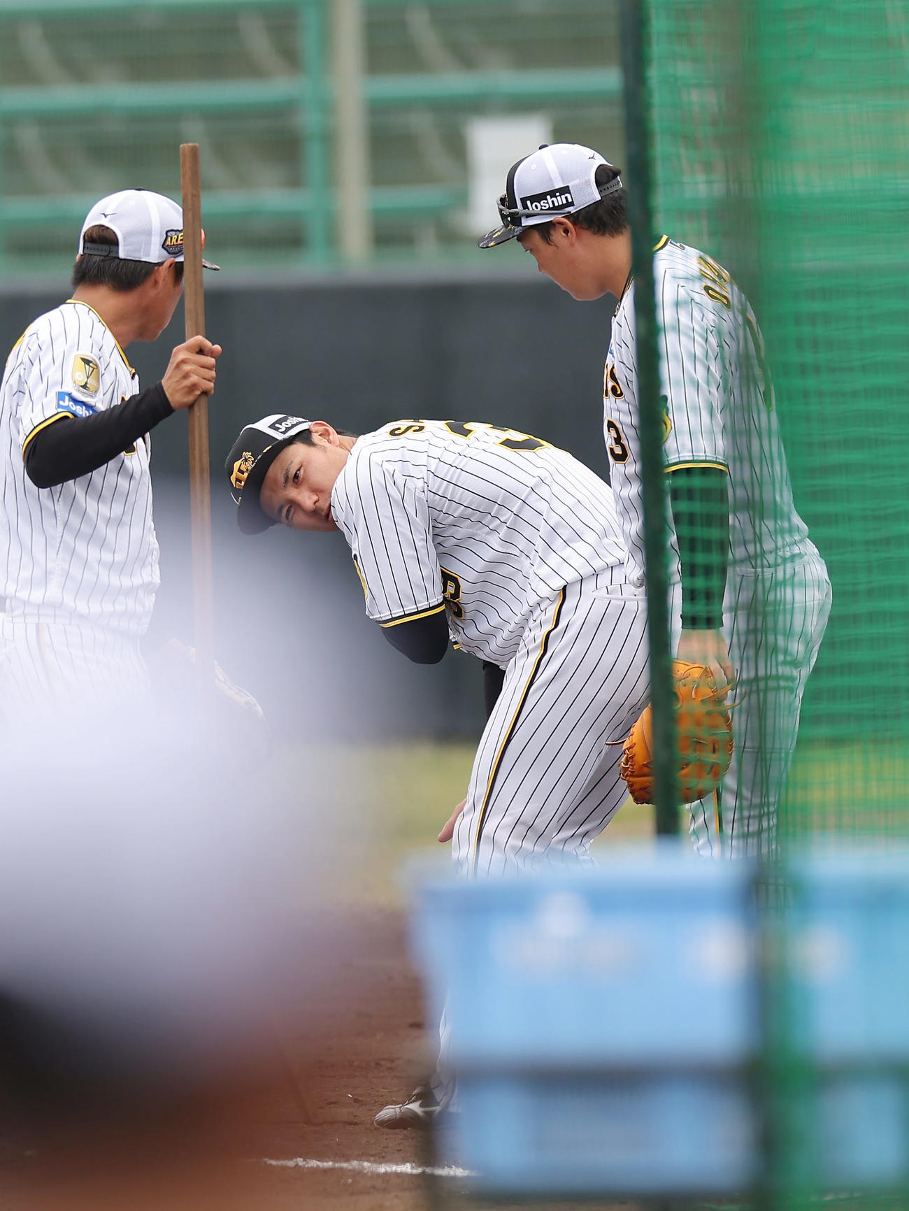 キャンプ最終日、フリー打撃の打球が直撃し痛がる阪神栄枝（中央）（撮影・前田充）