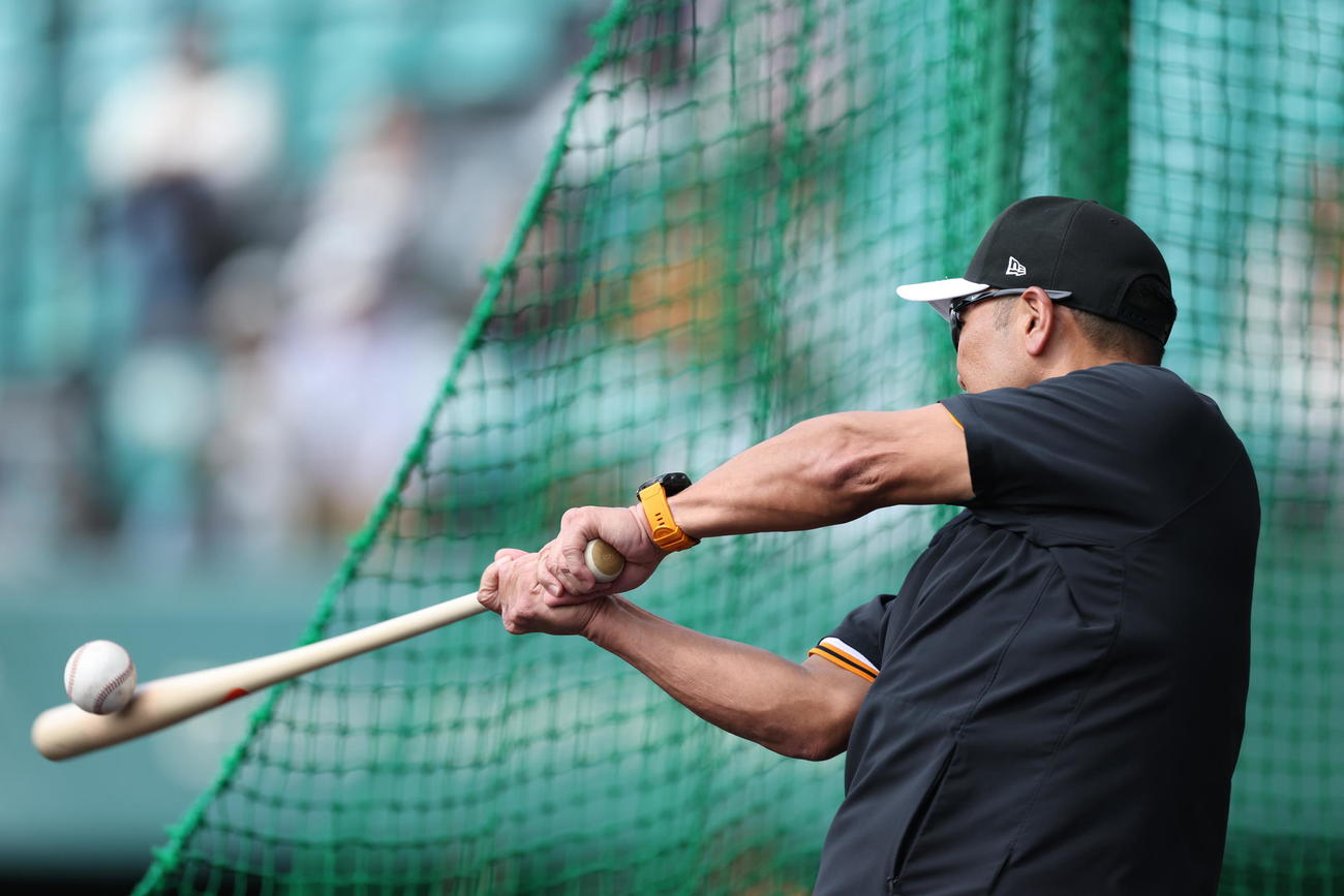 秋広にノックする巨人阿部監督（撮影・河田真司）