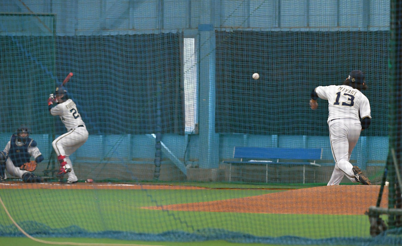 ライブBPで紅林（左）に投球するオリックス宮城（撮影・岩下翔太）