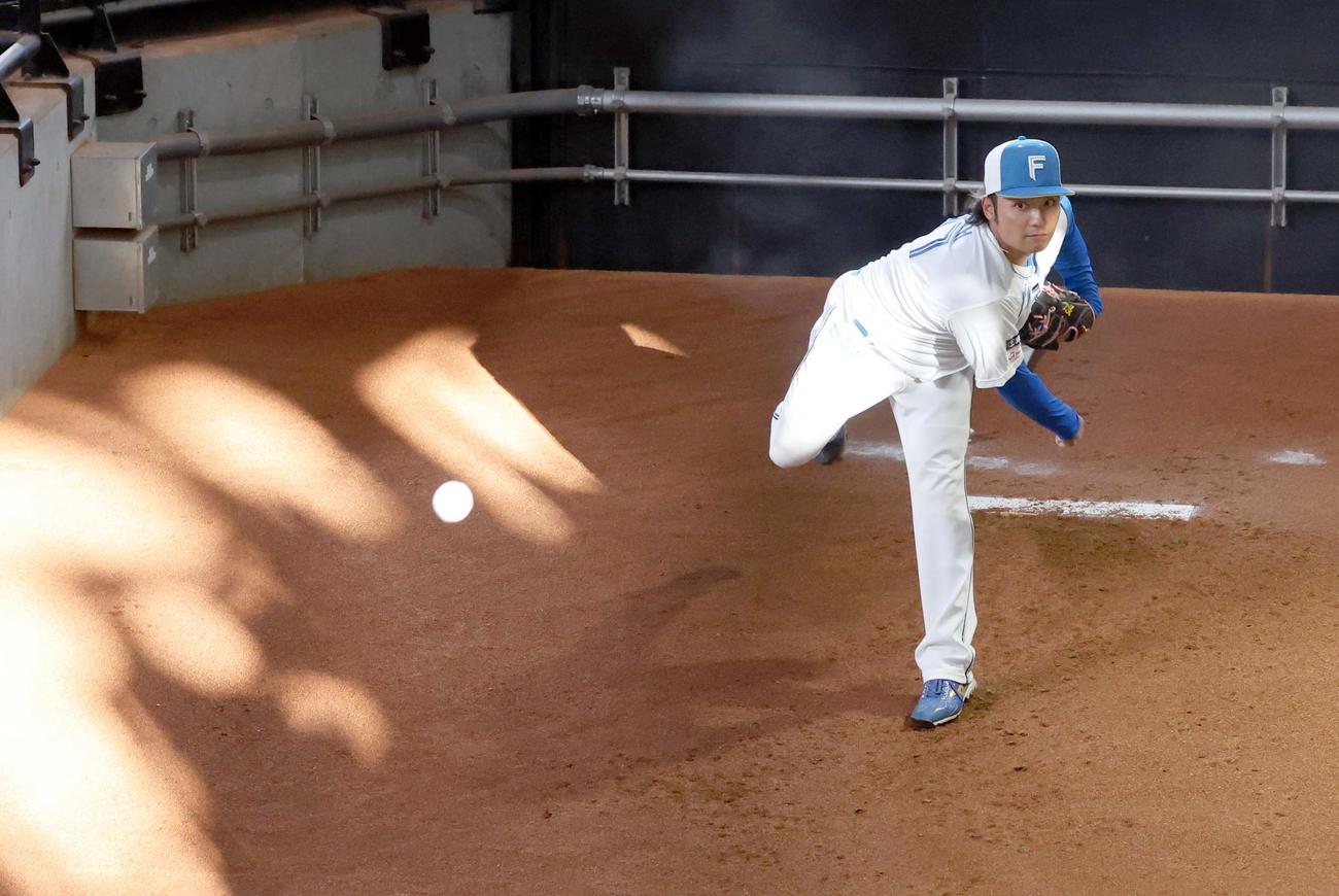 ブルペンで投球する日本ハム伊藤（撮影・黒川智章）