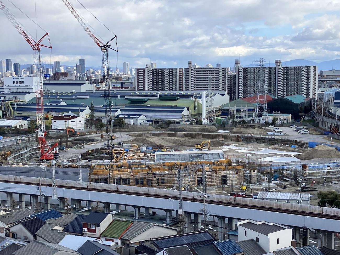 2月26日のゼロカーボンベースボールパーク工事状況（阪神電鉄提供）