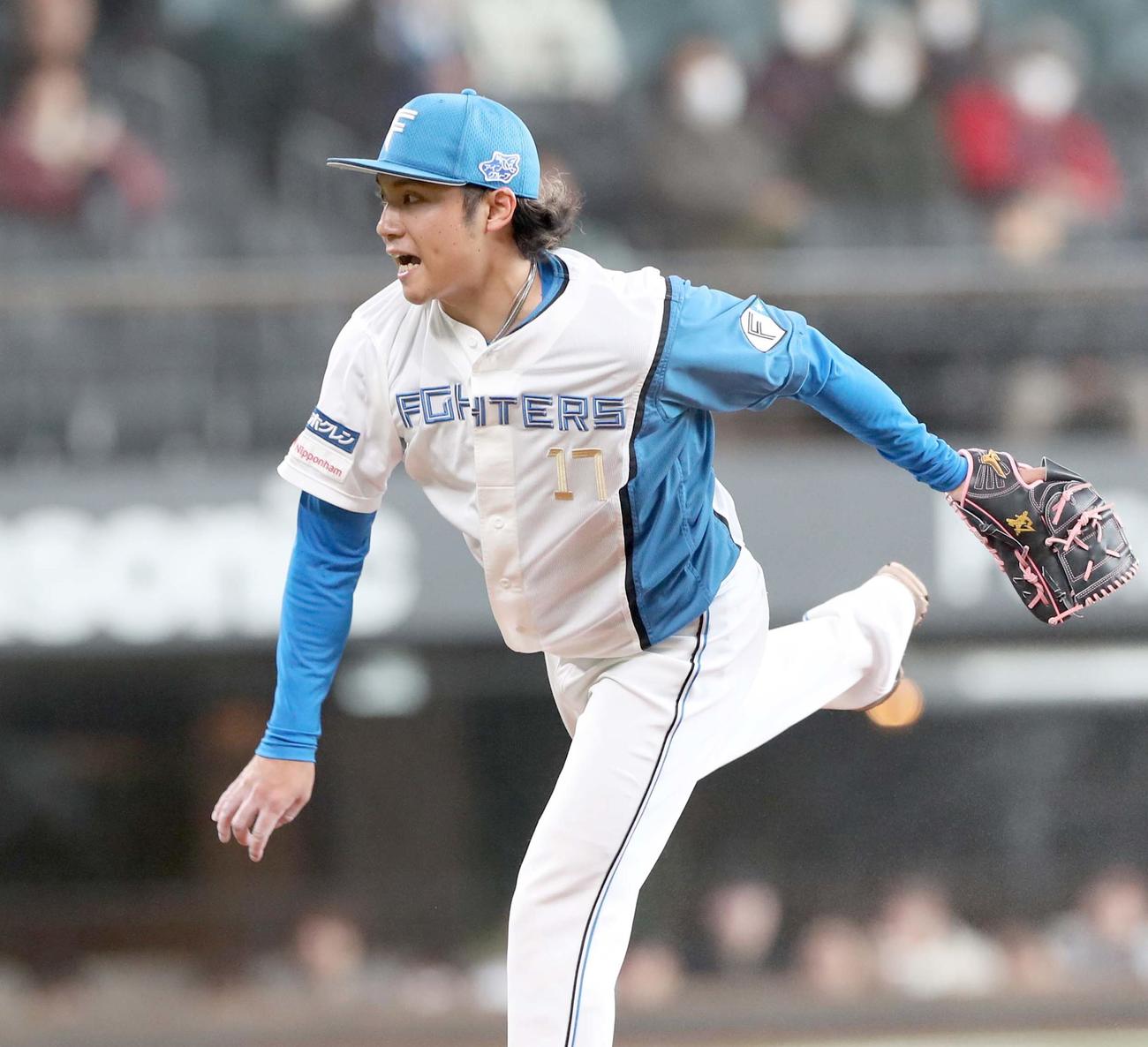 日本ハム対オイシックス新潟　叫びながら投球する日本ハム先発の伊藤（撮影・黒川智章）