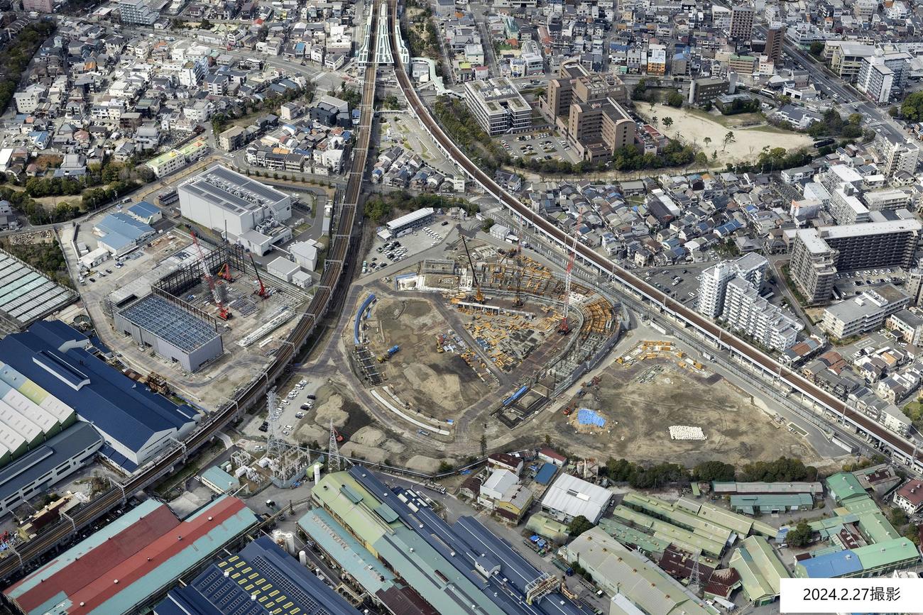 2月27日のゼロカーボンベースボールパーク工事状況空撮（阪神電鉄提供）