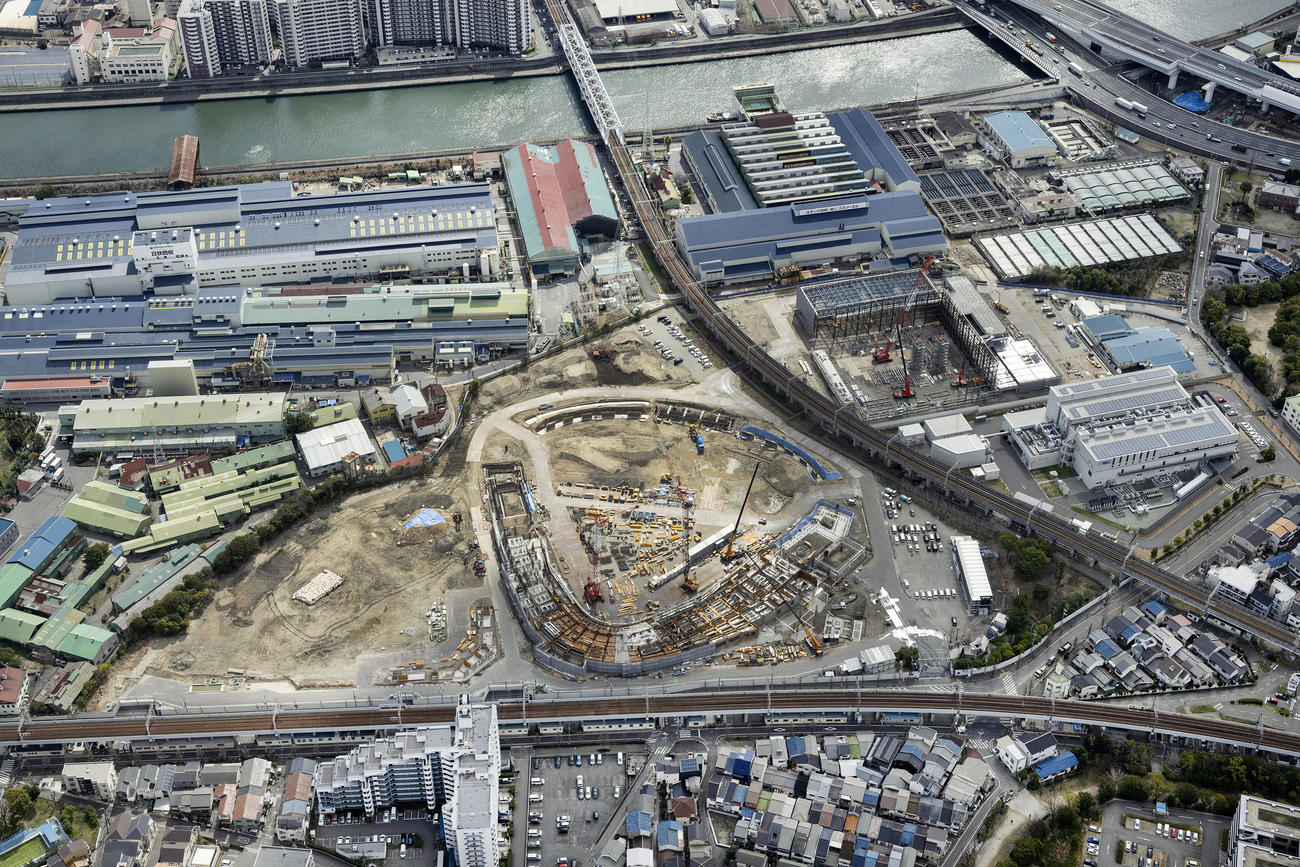 2月27日のゼロカーボンベースボールパーク工事状況空撮（阪神電鉄提供）
