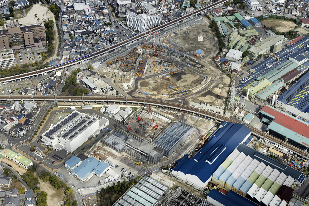 2月27日のゼロカーボンベースボールパーク工事状況空撮（阪神電鉄提供）