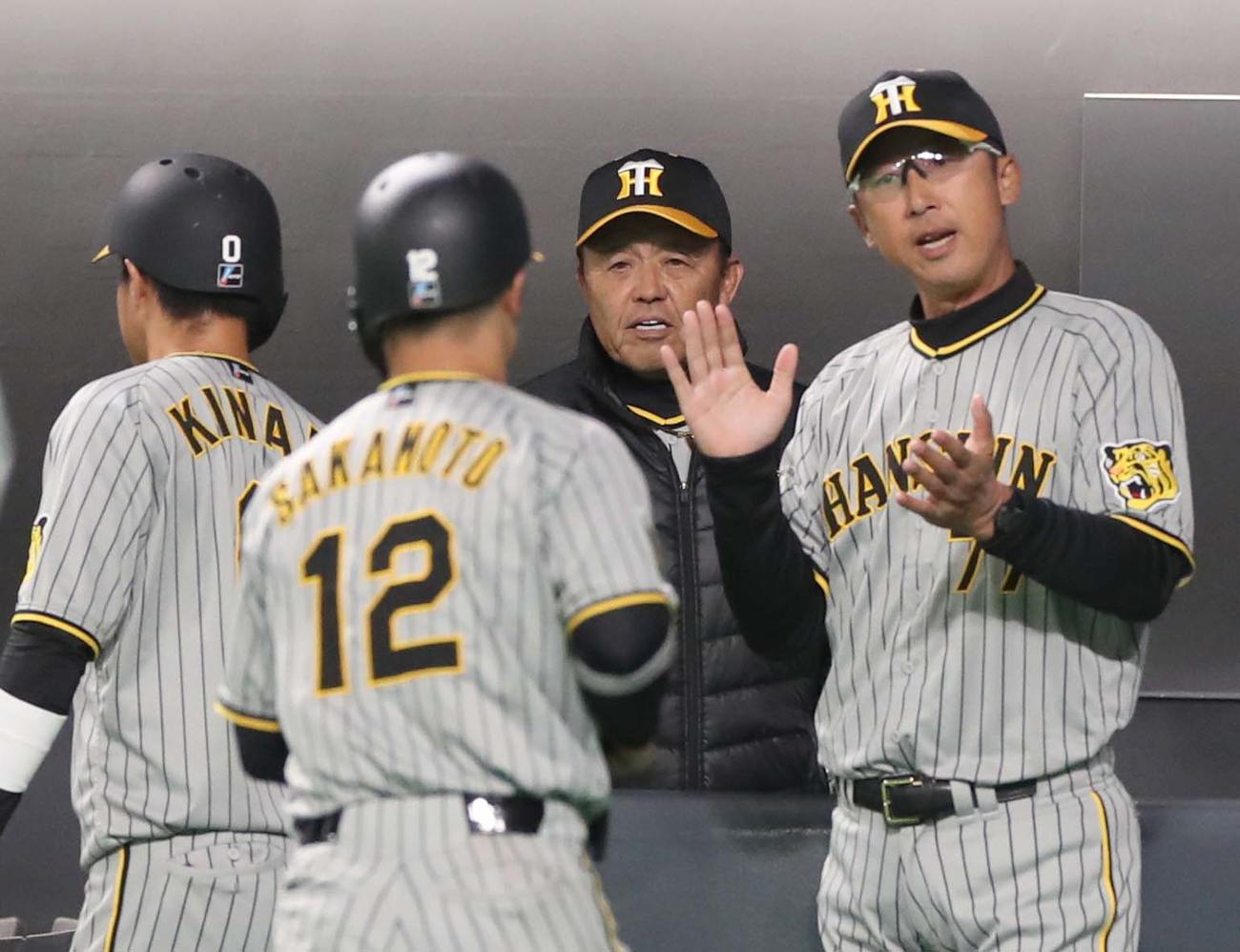 日本ハム対阪神　3回表、生還した坂本らを出迎える岡田監督（撮影・黒川智章）