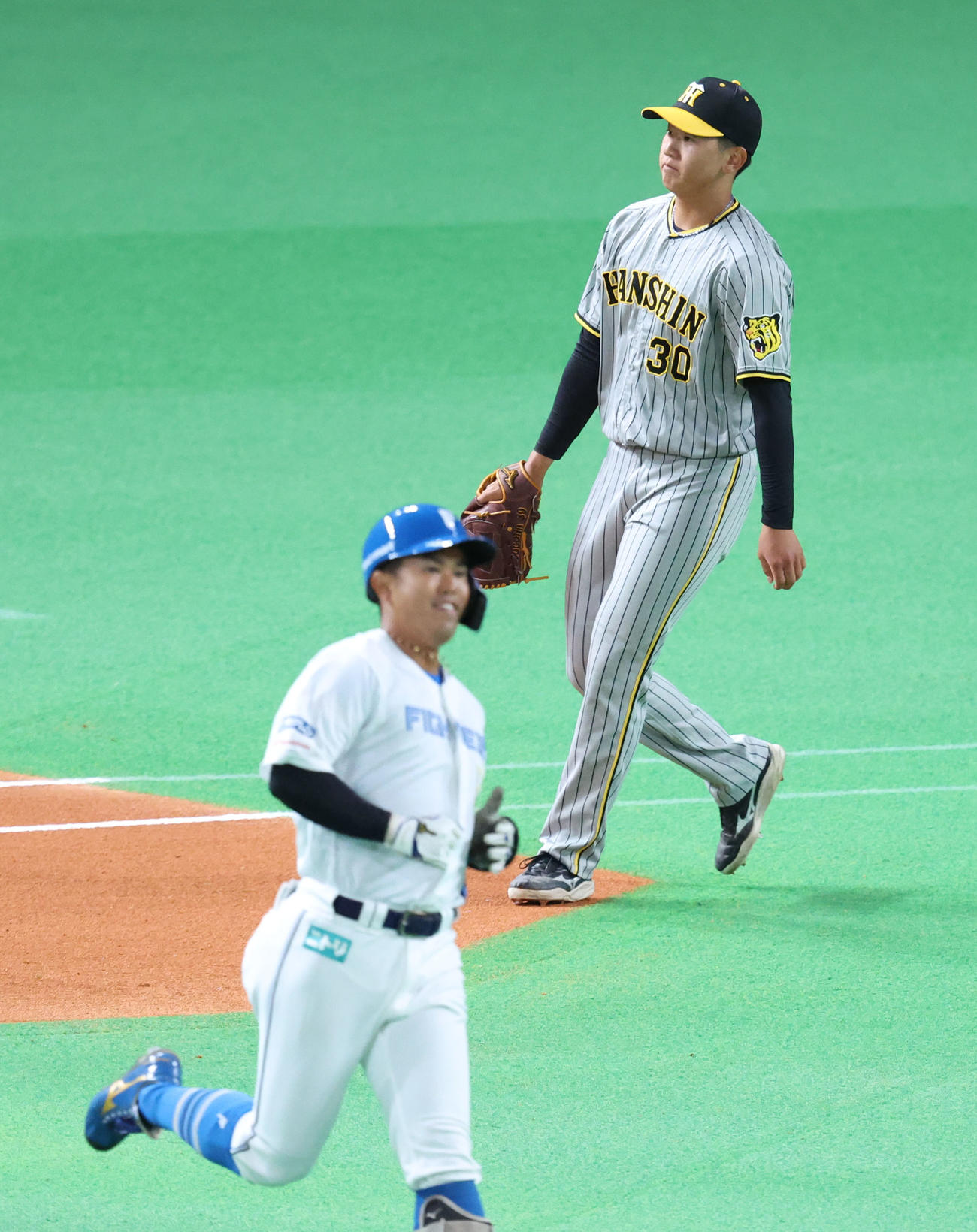 日本ハム対阪神　1回裏日本ハム1死、今川（左手前）を一飛に仕留める門別（撮影・佐藤翔太）
