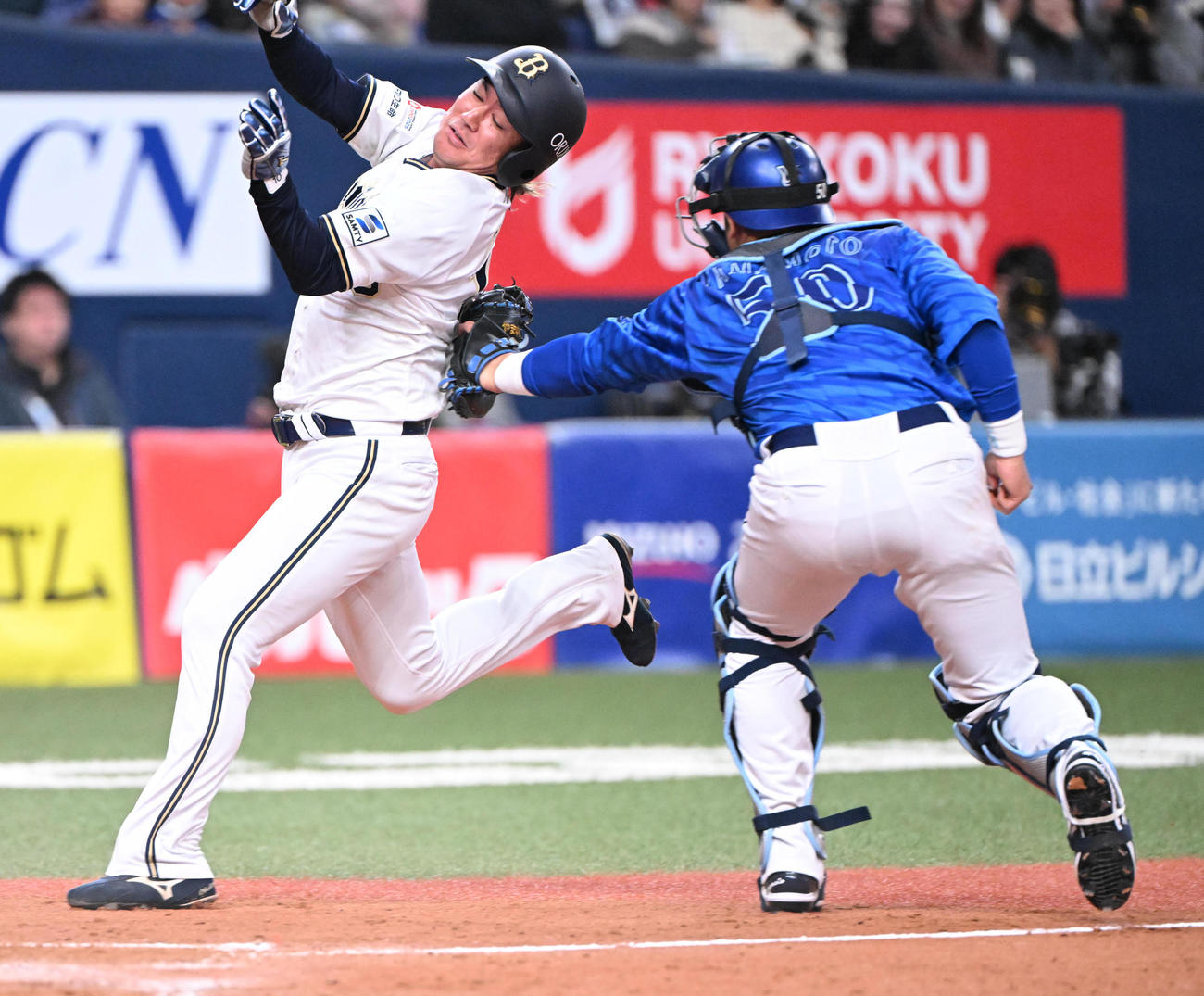 オリックス対DeNA 5回裏オリックス1死一、二塁、セデーニョの右前打を捕球し素早く本塁で二塁走者大城を本塁補殺する右翼手度会（撮影・和賀正仁）