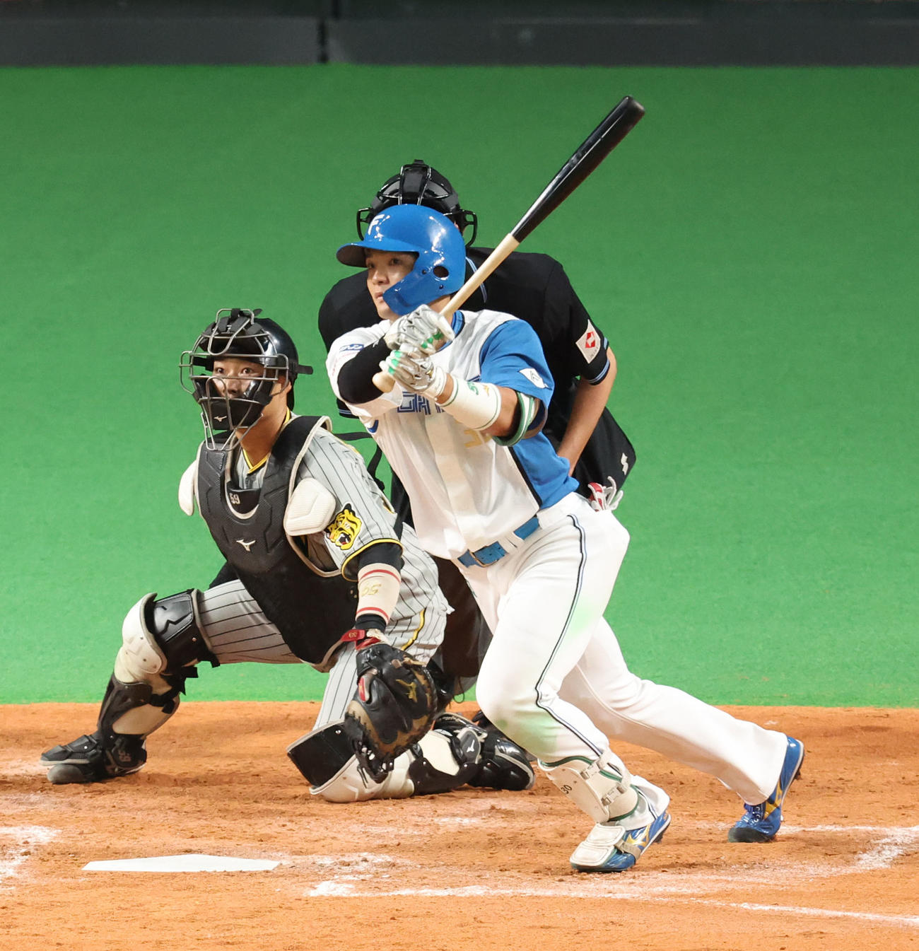 日本ハム対阪神　7回裏日本ハム2死二、三塁、郡司は逆転となる2点右前適時打を放つ（撮影・佐藤翔太）