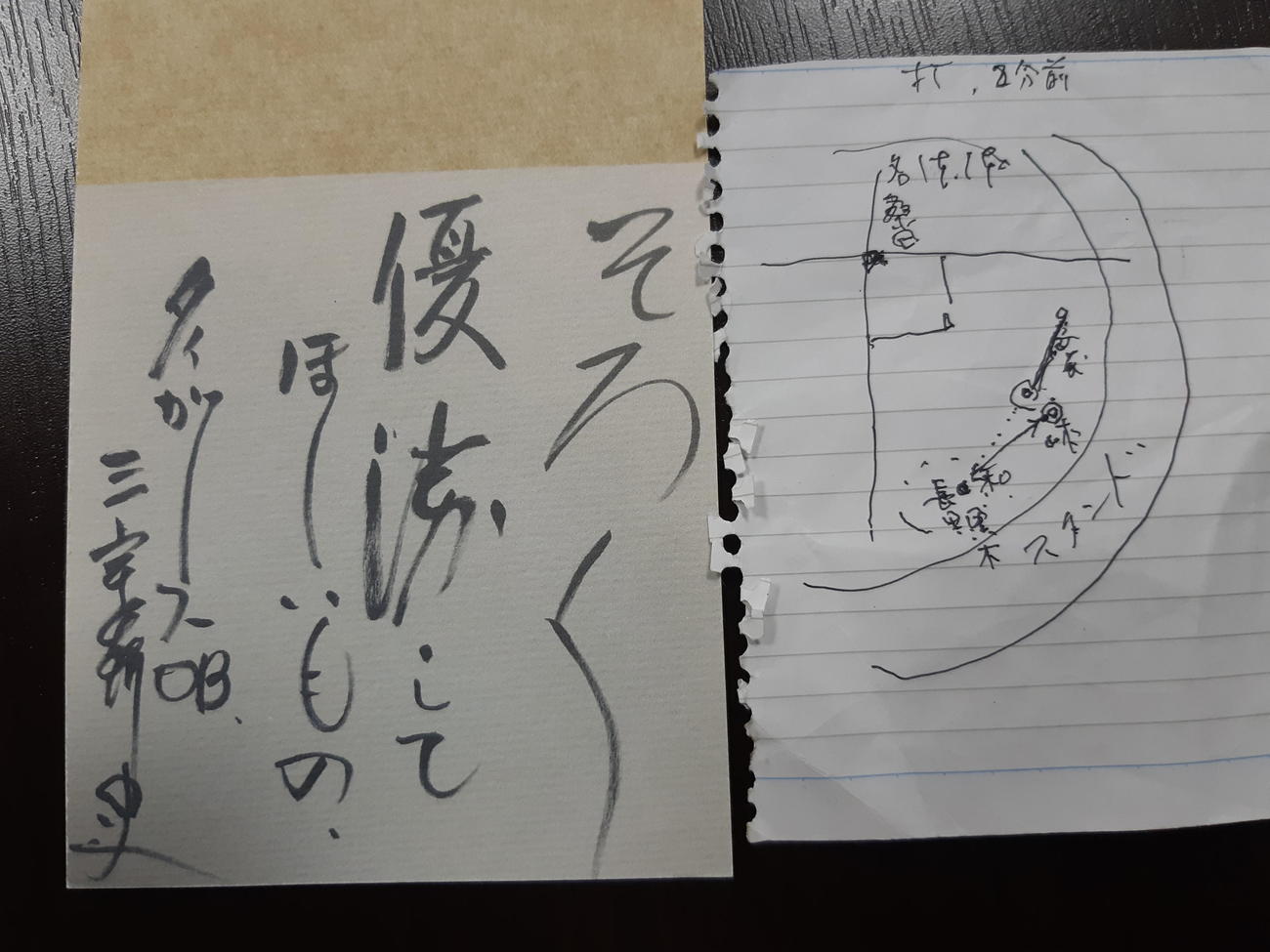 三宅氏が書いた負傷した当日の見取り図（右）と阪神への激励文（撮影・寺尾博和）