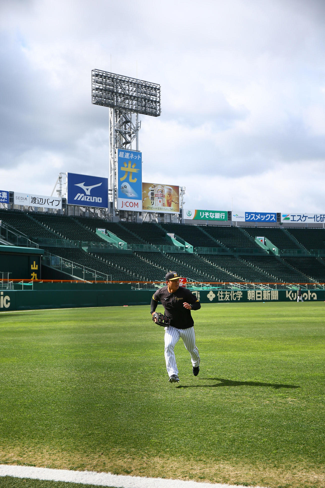 1日、甲子園で守備練習する阪神前川（撮影・上山淳一）