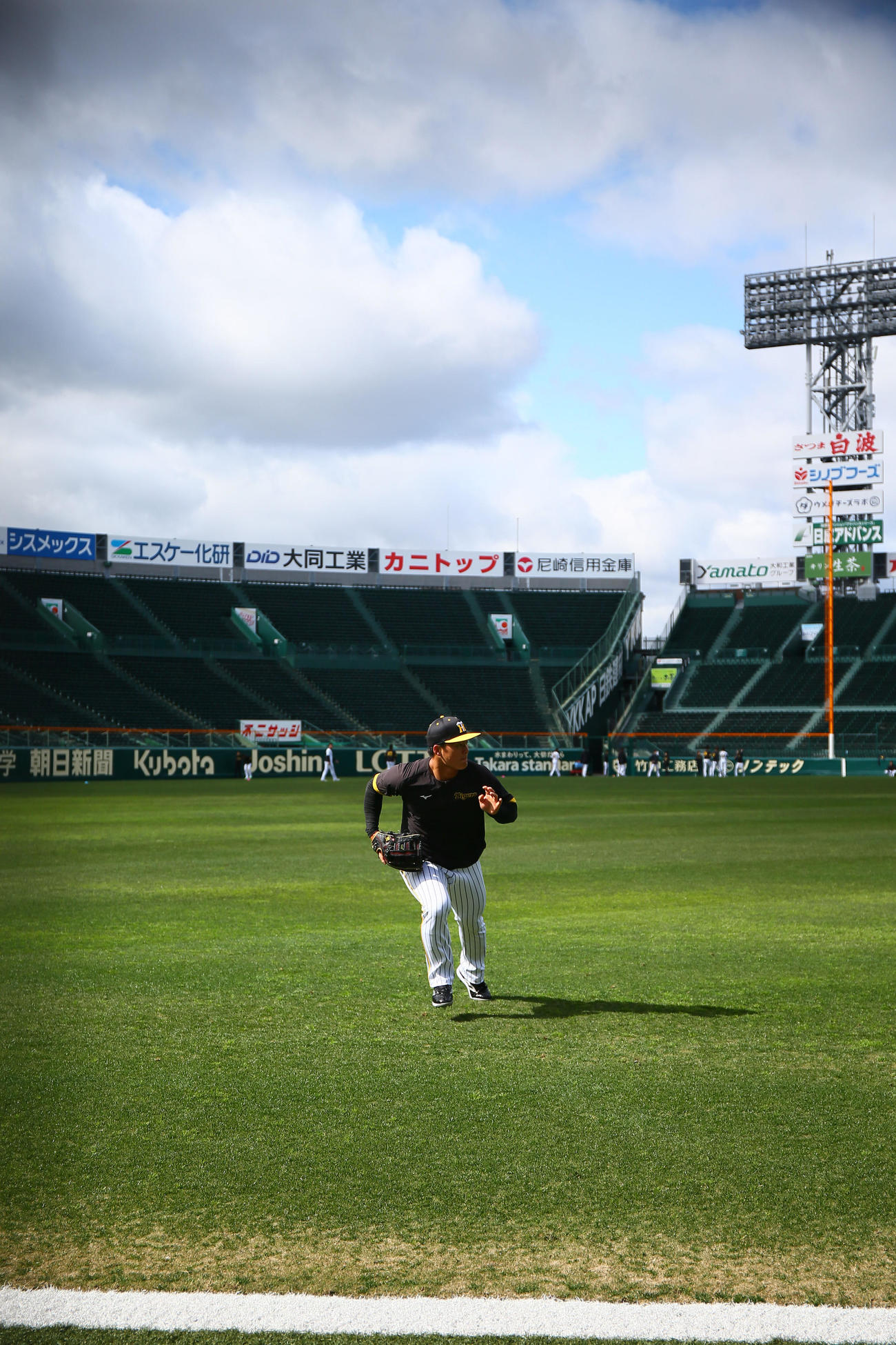 1日、甲子園で守備練習する阪神前川（撮影・上山淳一）