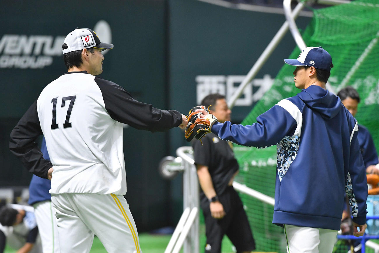ソフトバンク対ヤクルト　試合前、ソフトバンク有原（左）とグータッチを交わすヤクルト西川（撮影・岩下翔太）