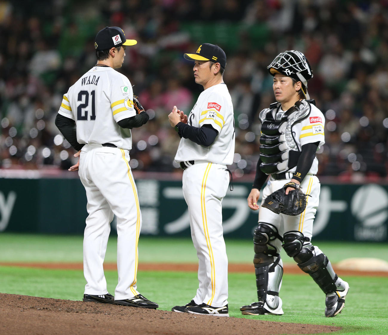 ソフトバンク対ヤクルト　3回途中、マウンドで話をする倉野コーチ（中央）と和田（撮影・冨田成美）