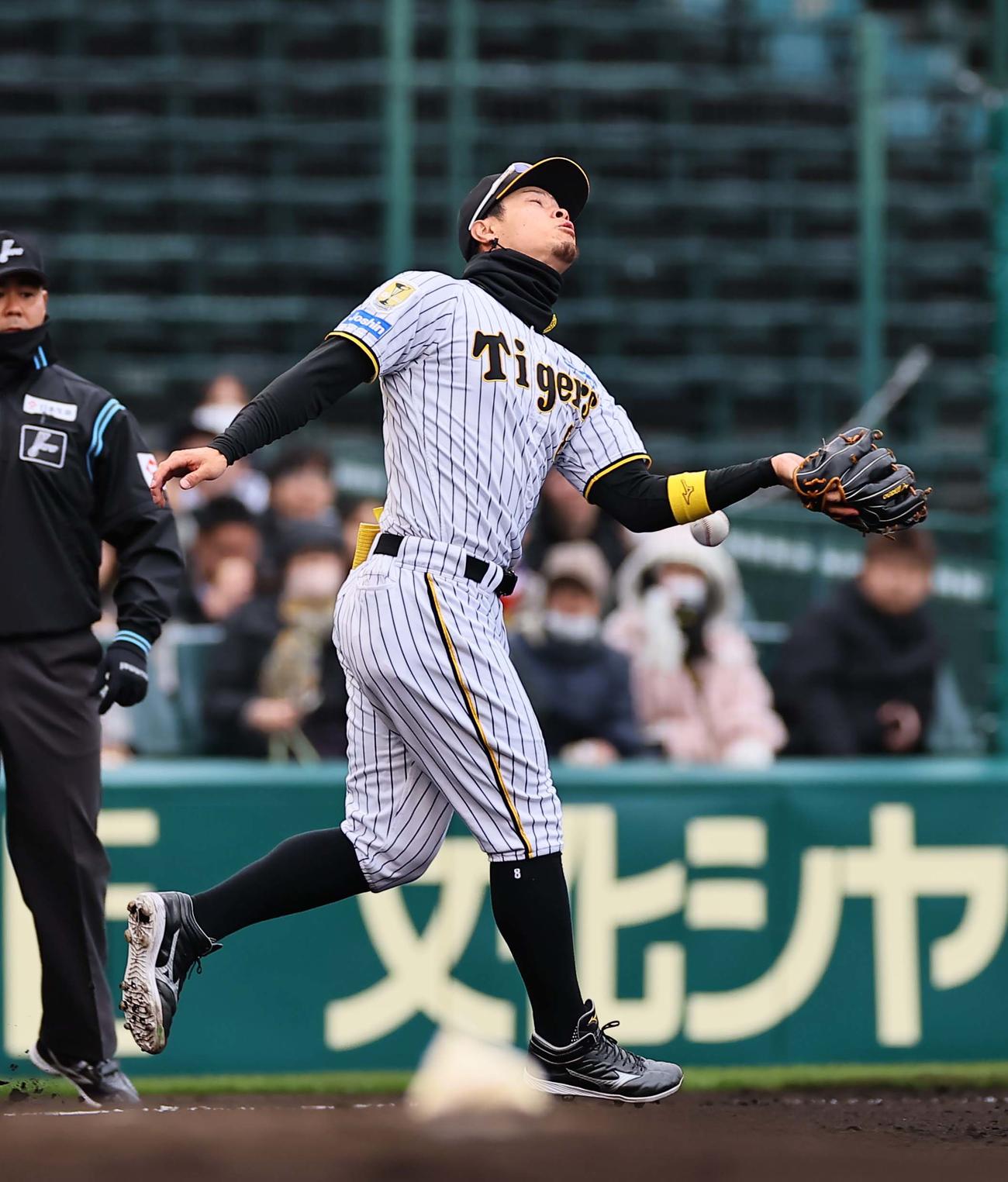 阪神対楽天オープン戦　2回表楽天無死、佐藤輝は阿部寿樹の飛球をエラーする（撮影・上田博志）
