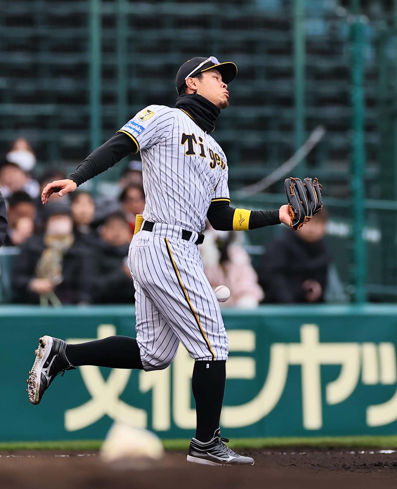 阪神対楽天オープン戦　2回表楽天無死、佐藤輝は阿部寿樹の飛球をエラーする（撮影・上田博志）