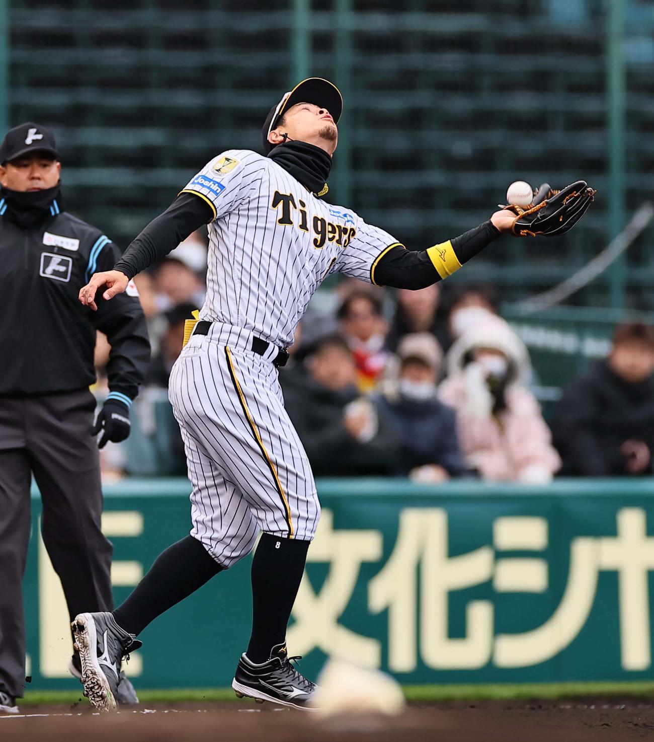 阪神対楽天オープン戦　2回表楽天無死、佐藤輝は阿部寿樹の飛球をエラーする（撮影・上田博志）
