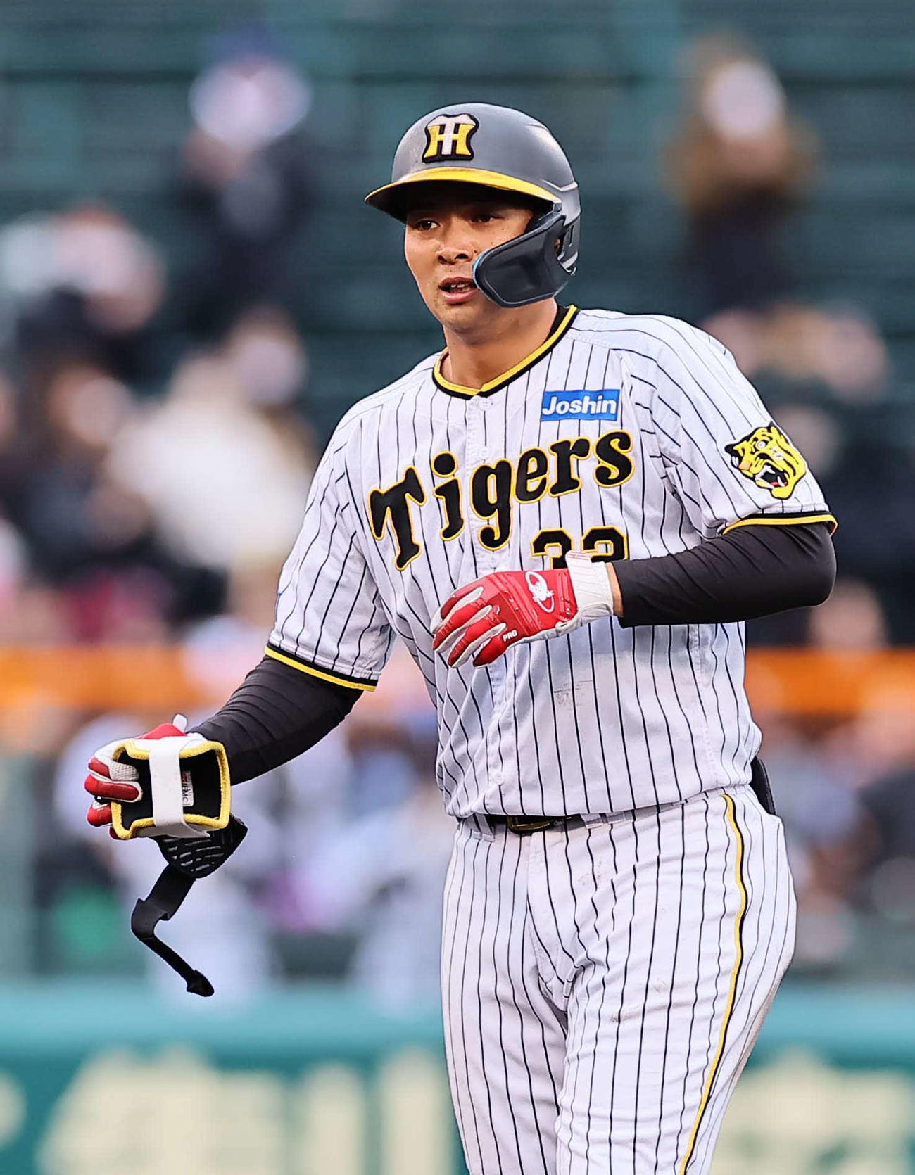 阪神対楽天オープン戦　7回裏阪神1死二塁、左へ適時二塁打を放つ井上（撮影・上田博志）